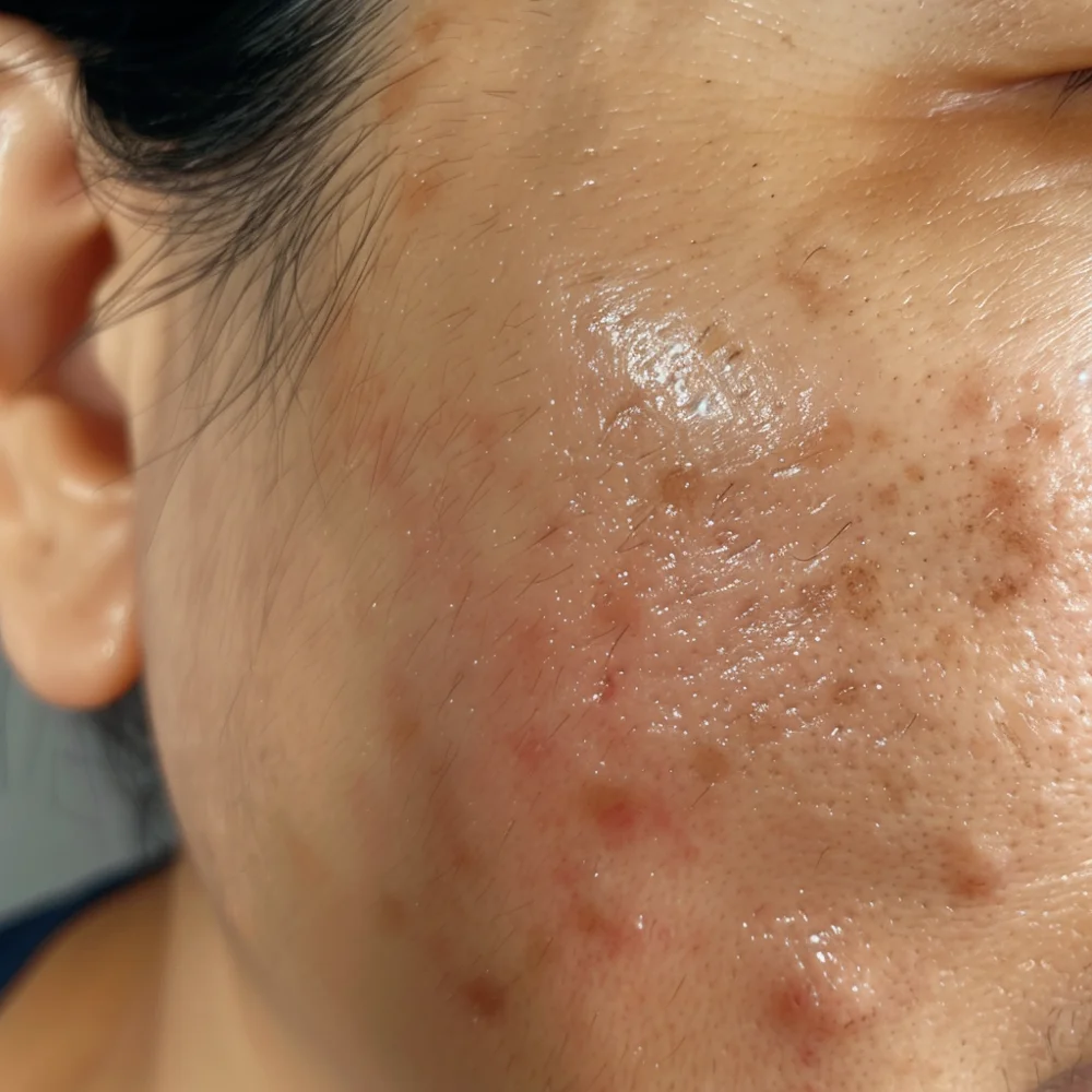 Asian woman experiencing ongoing acne and post-inflammatory hyperpigmentation (PIH) due to past acne.