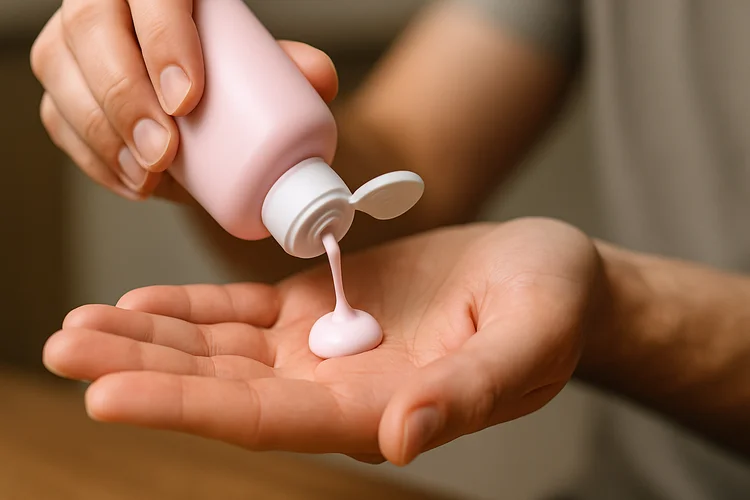 Close-up of calamine lotion being poured onto hand to soothe and relieve itchy heat rash symptoms.
