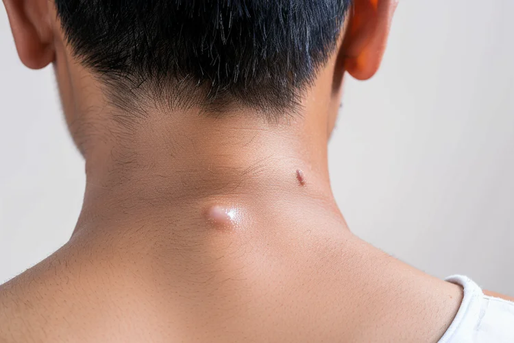 Close-up of a surface cyst on the neck of a young Singaporean man with visible inflammation, highlighted for cyst removal treatment in Singapore.
