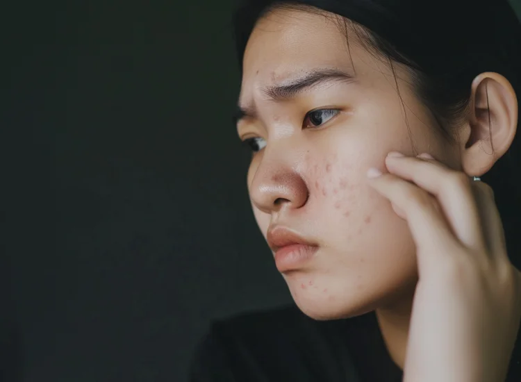Female Asian experiencing stress, triggering stress acne breakouts on her face.