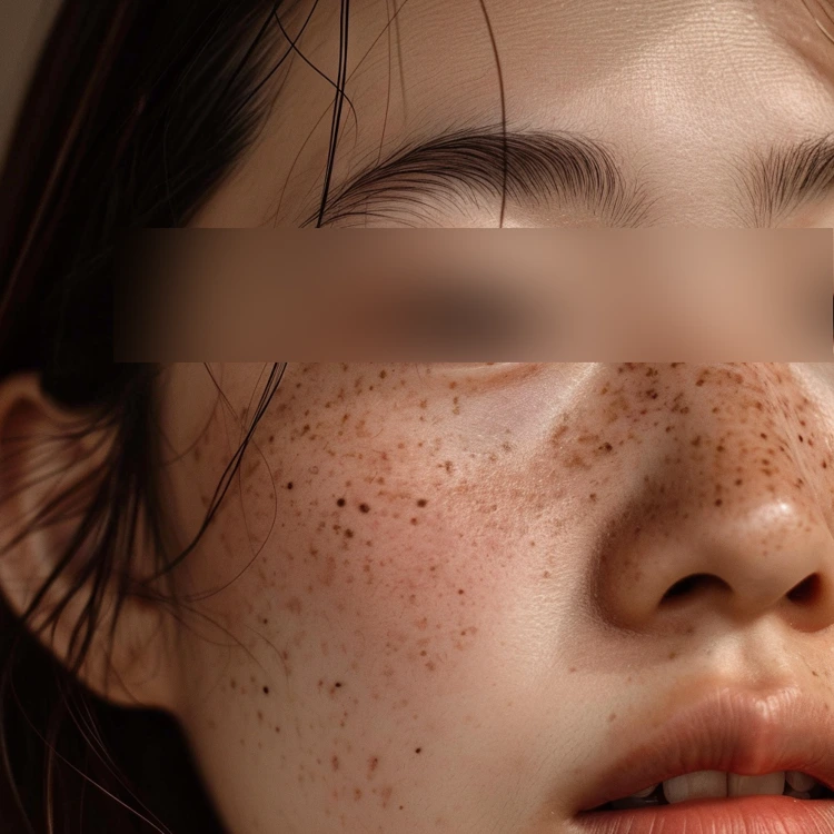 Lady with her eyes blurred with face full of freckles.