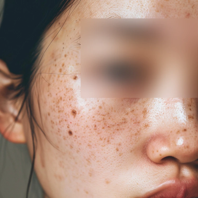 Lady with her eyes blurred with face full of freckles.