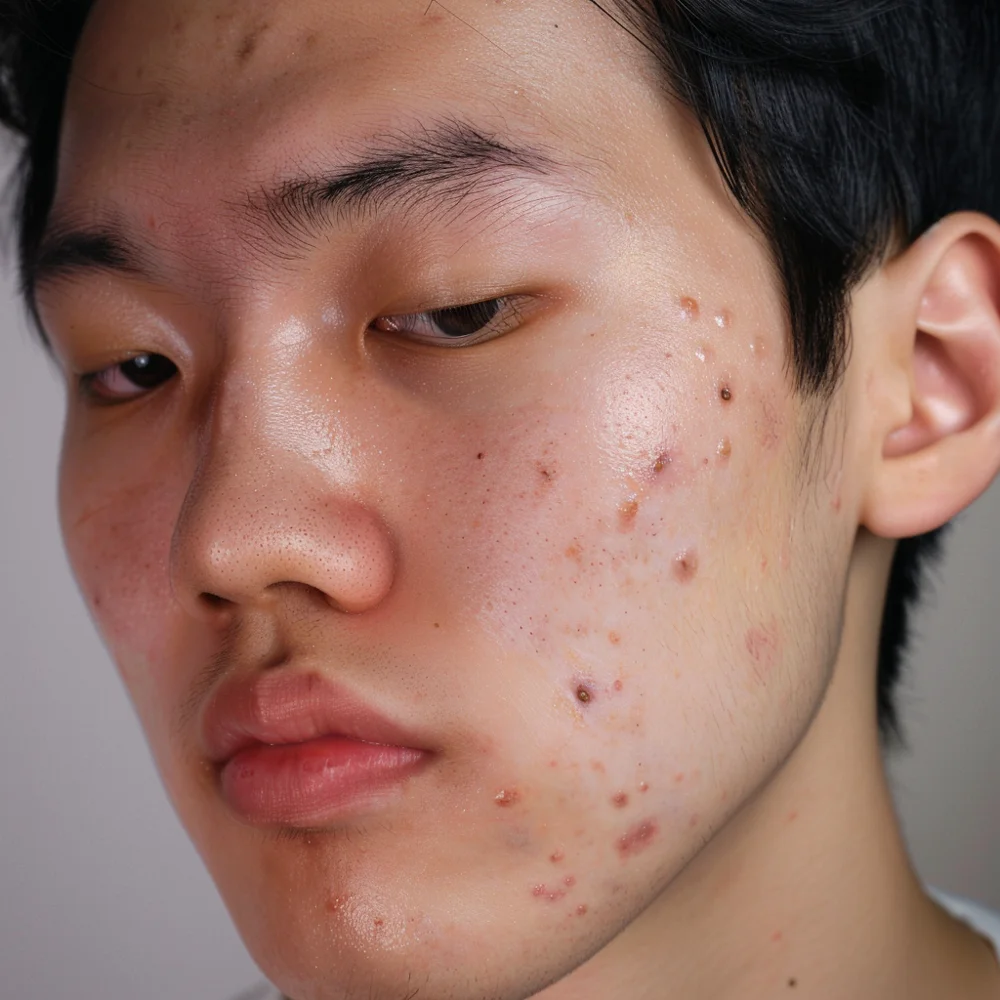Young Asian man with post-inflammatory erythema (PIE) on his face due to acne.