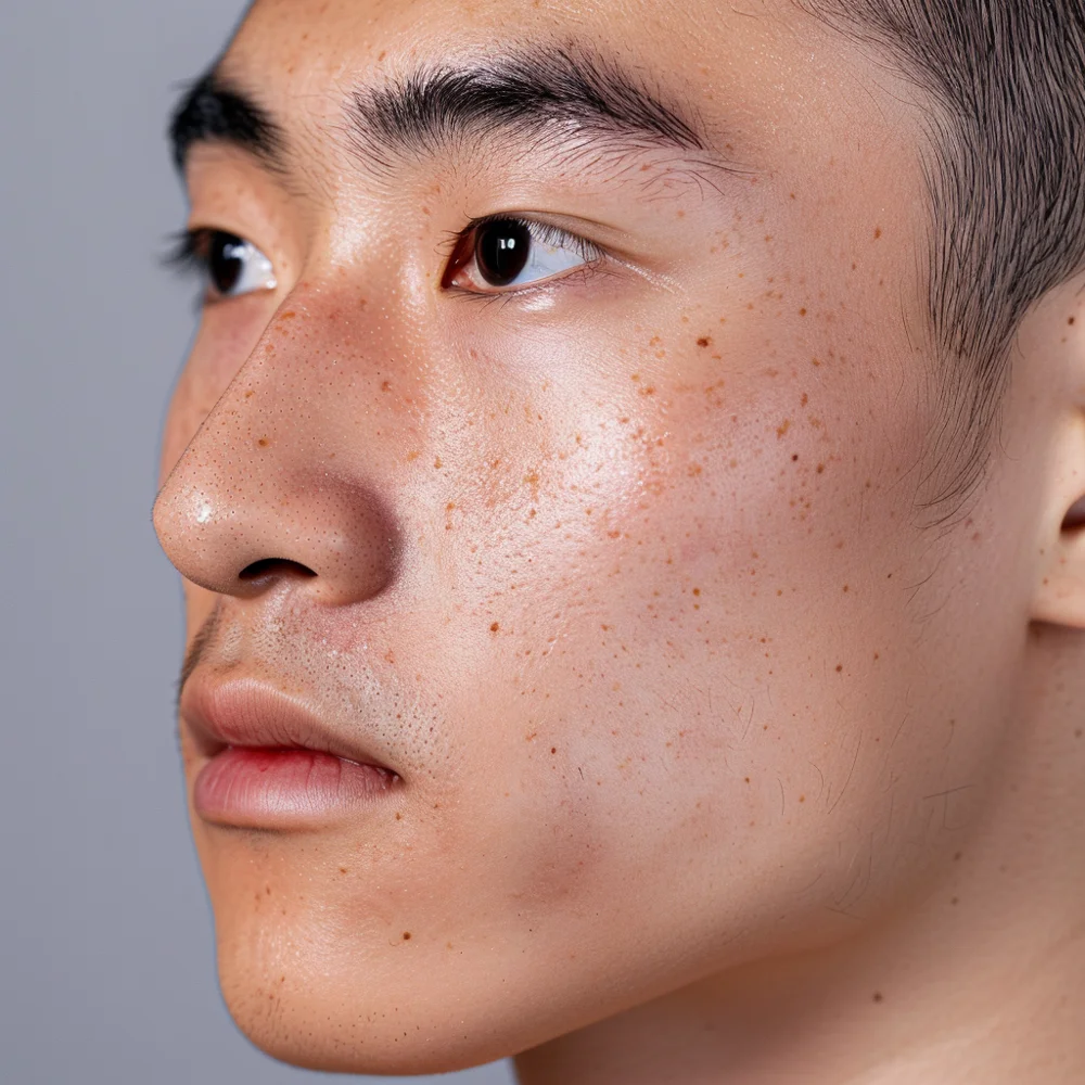 Young Asian man with post-inflammatory hyperpigmentation (PIH) on his face due to acne.