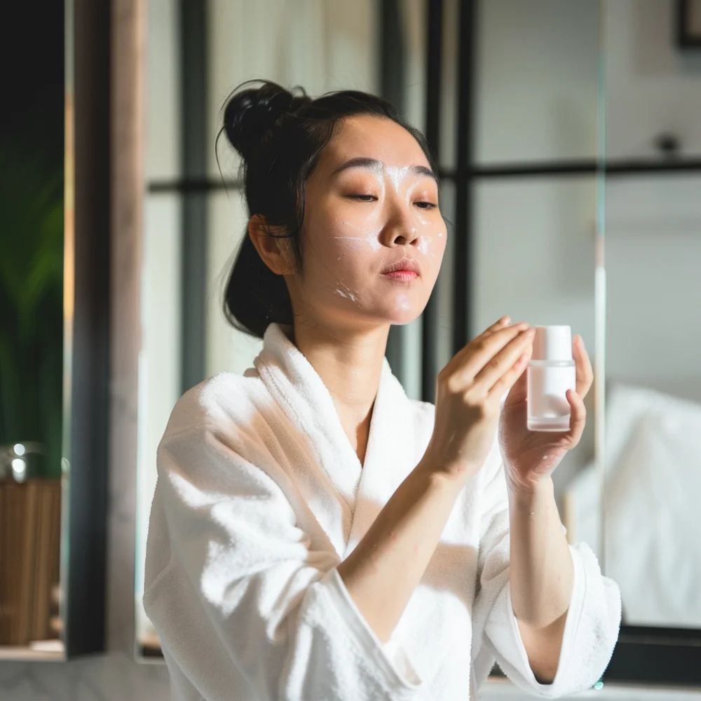 Young Asian woman applying moisturiser and sunscreen to prevent post-inflammatory erythema (PIE).