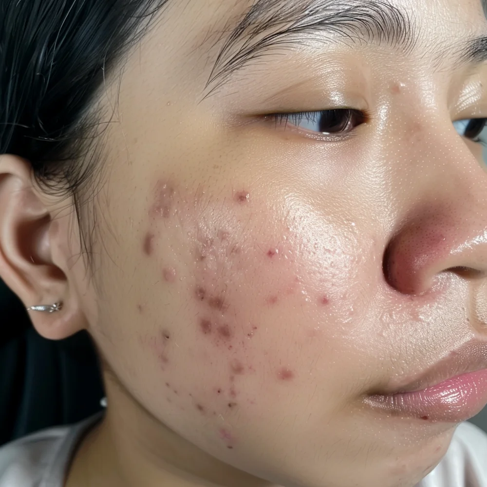 Young Asian woman experiencing post-inflammatory erythema (PIE) due to acne.