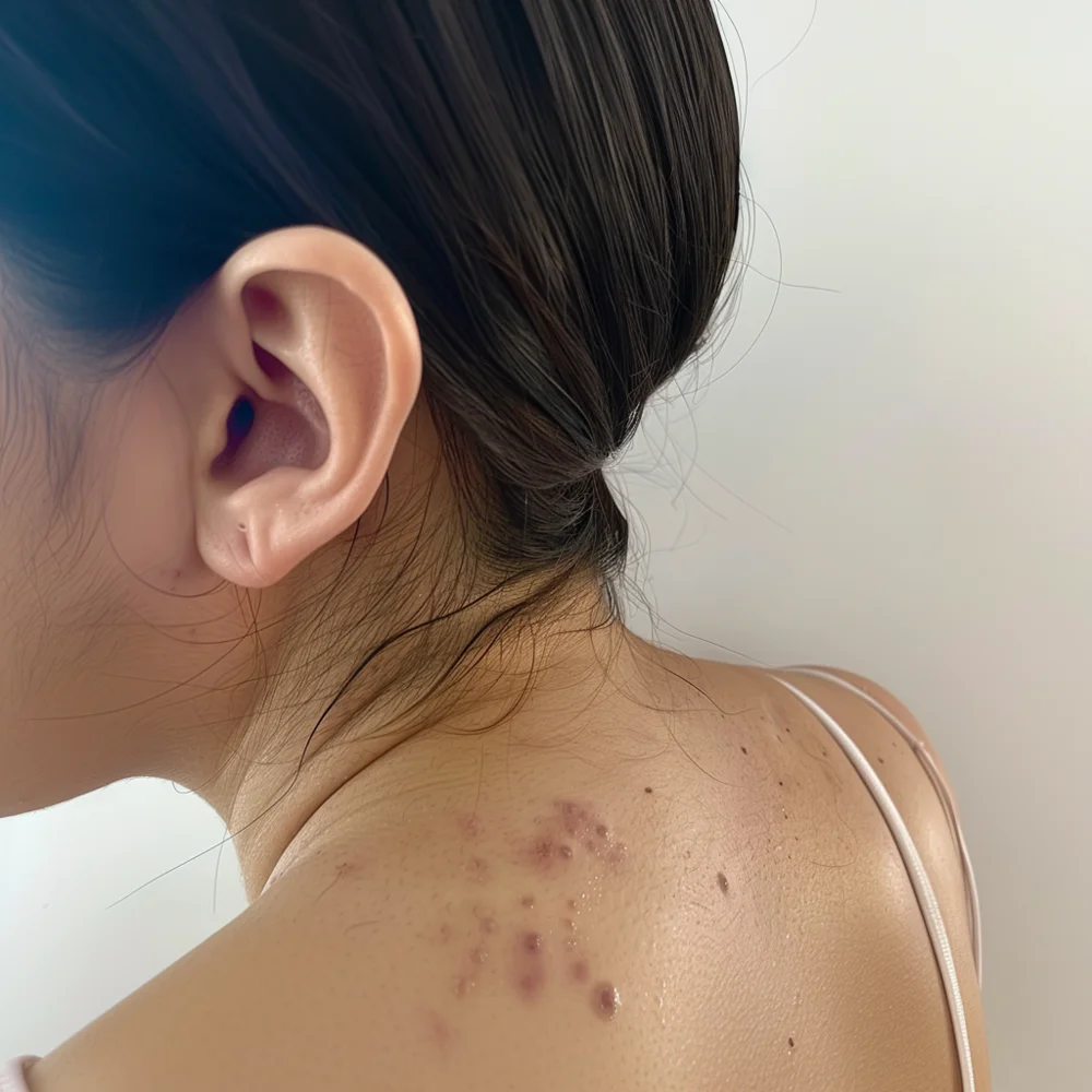 Young Asian woman experiencing post-inflammatory erythema (PIE) on her back.