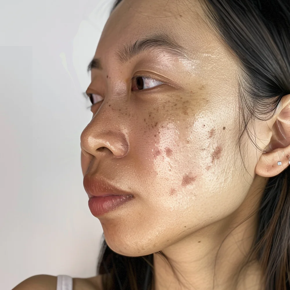 Young Asian woman experiencing post-inflammatory hyperpigmentation (PIH) due to excess melanin production after inflammation.