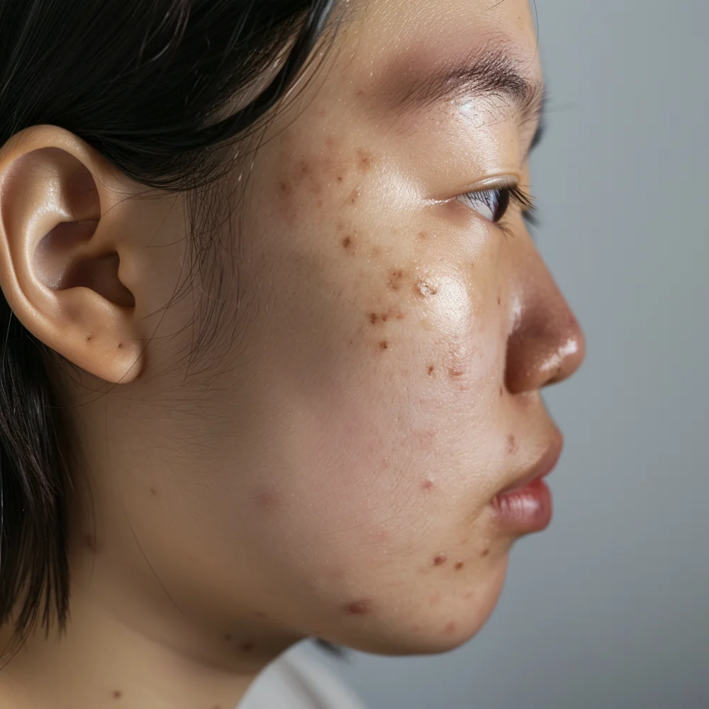 Young Asian woman experiencing post-inflammatory hyperpigmentation (PIH) on her face.