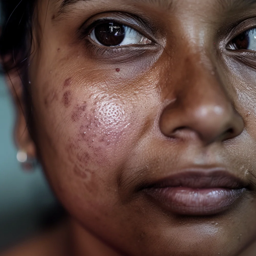 Young Asian woman with darker skin experiencing post-inflammatory hyperpigmentation (PIH).